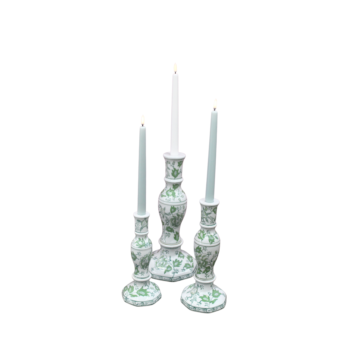 S/3 Gr & Wht Floral Taper Candleholders