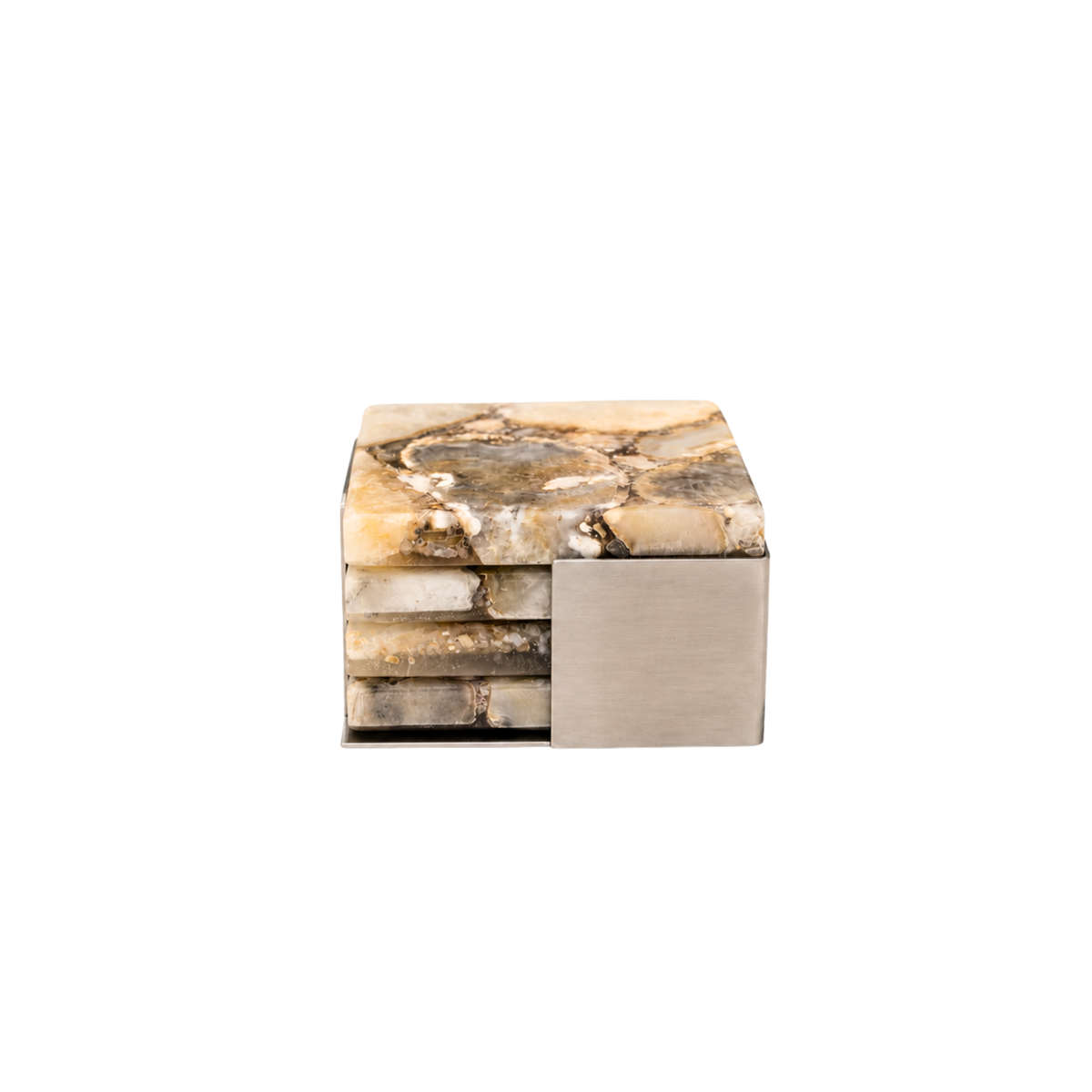 Set/4 Crete Agate Coasters on Metal Tray-Taupe/Bro