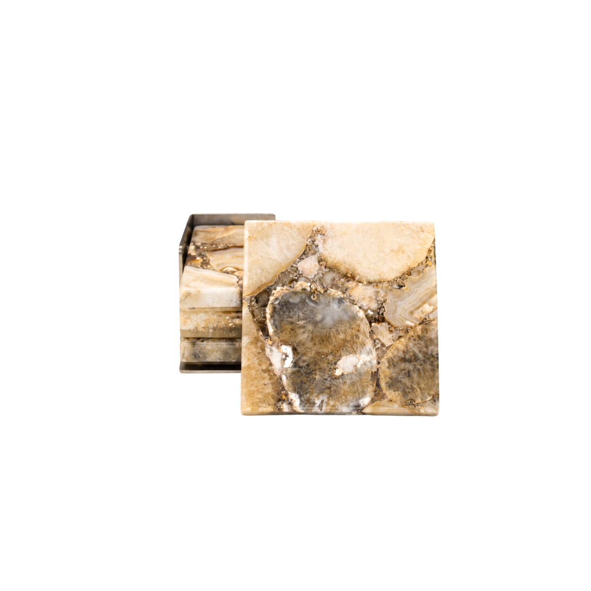 Set/4 Crete Agate Coasters on Metal Tray-Taupe/Bro
