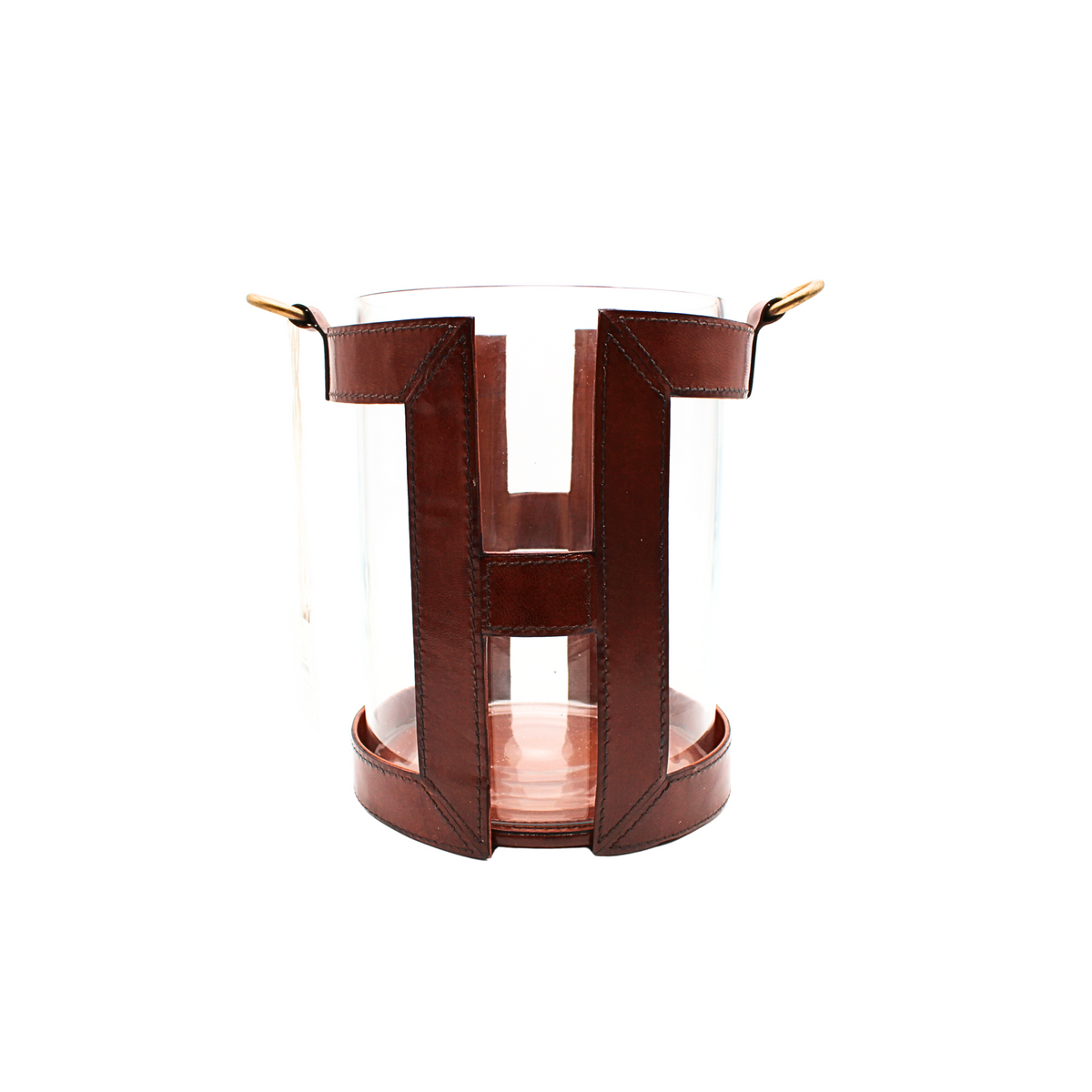 10" Brown Leather Framed Glass Hurricane
