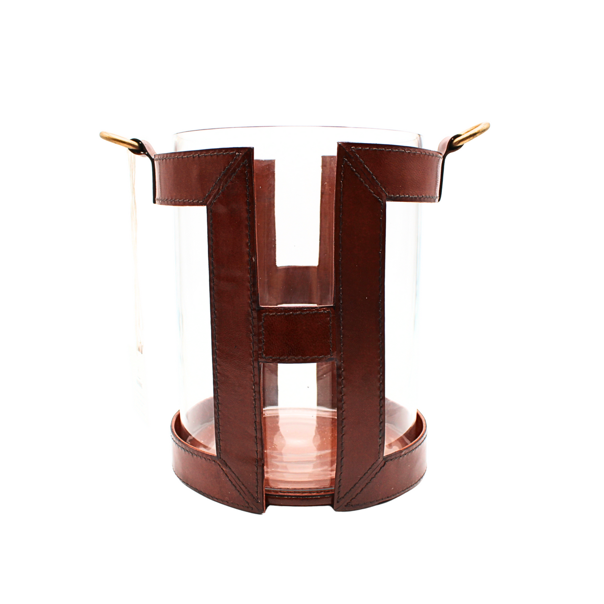 12.75" Brown Leather Frame Glass Hurricane