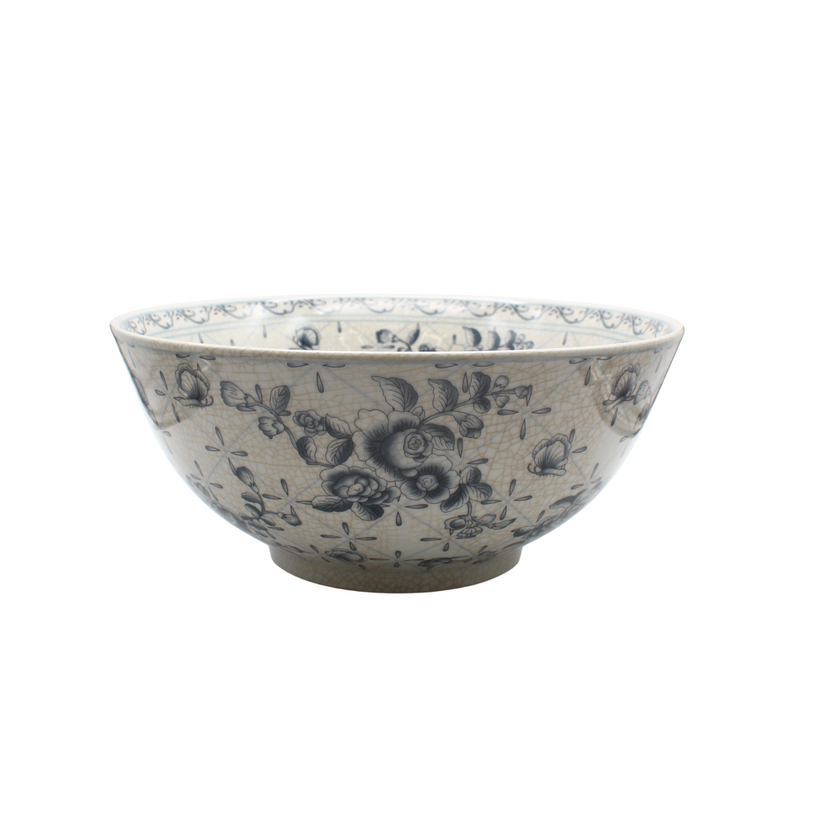 13.75" Blue & White Floral Ceramic Bowl