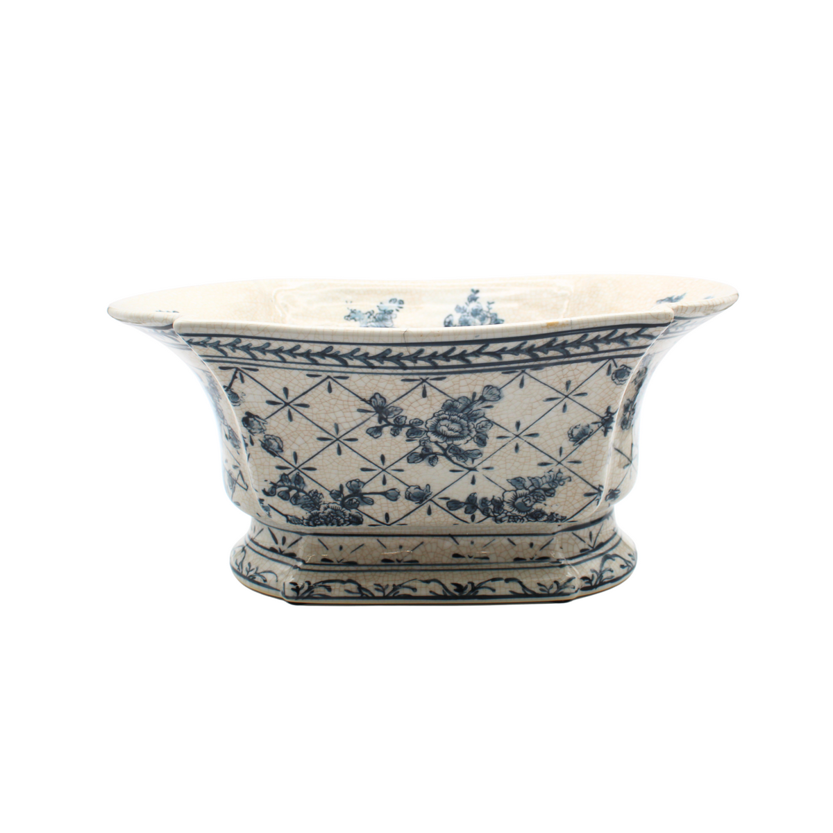 13" Blue & White Floral Ceramic Oval Fluted Bowl