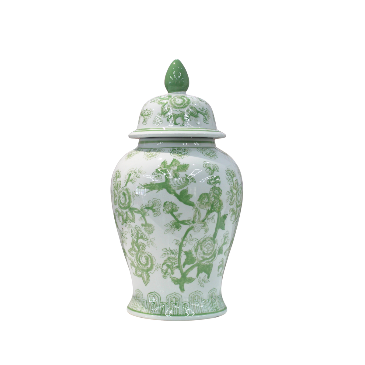 18" Green and White Covered Temple Jar
