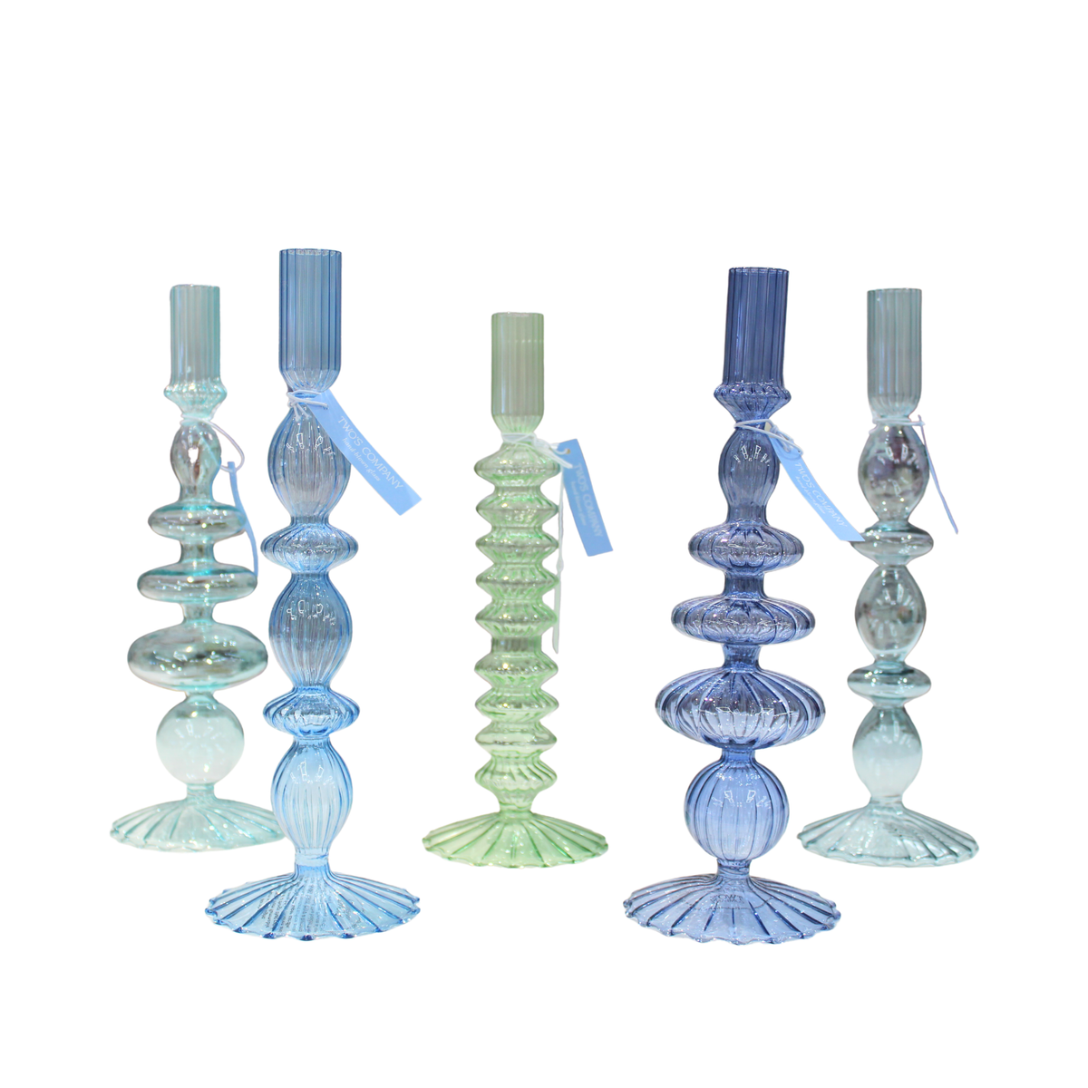 S/5 Shades of Blue Glass Taper Candlesticks