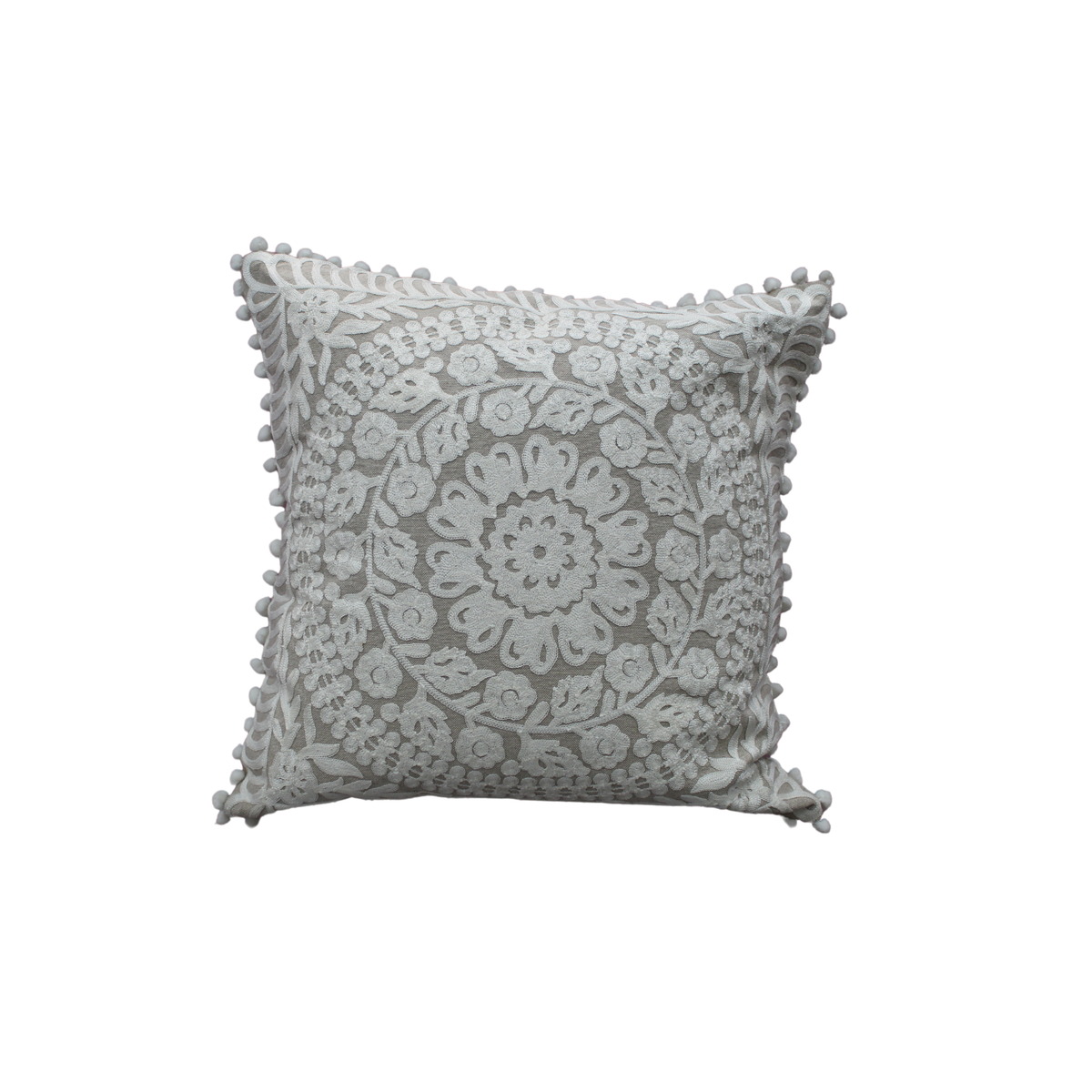 Pompom Trim Beige & Cream Circle Embroidered Floral