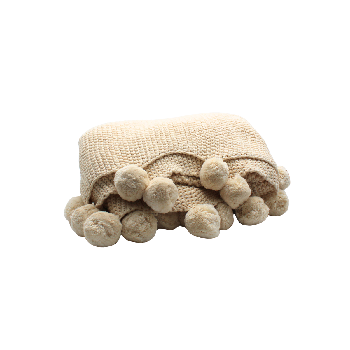 60" Cream Moss Stitch Knit Throw Blanket w/Pompom Trim