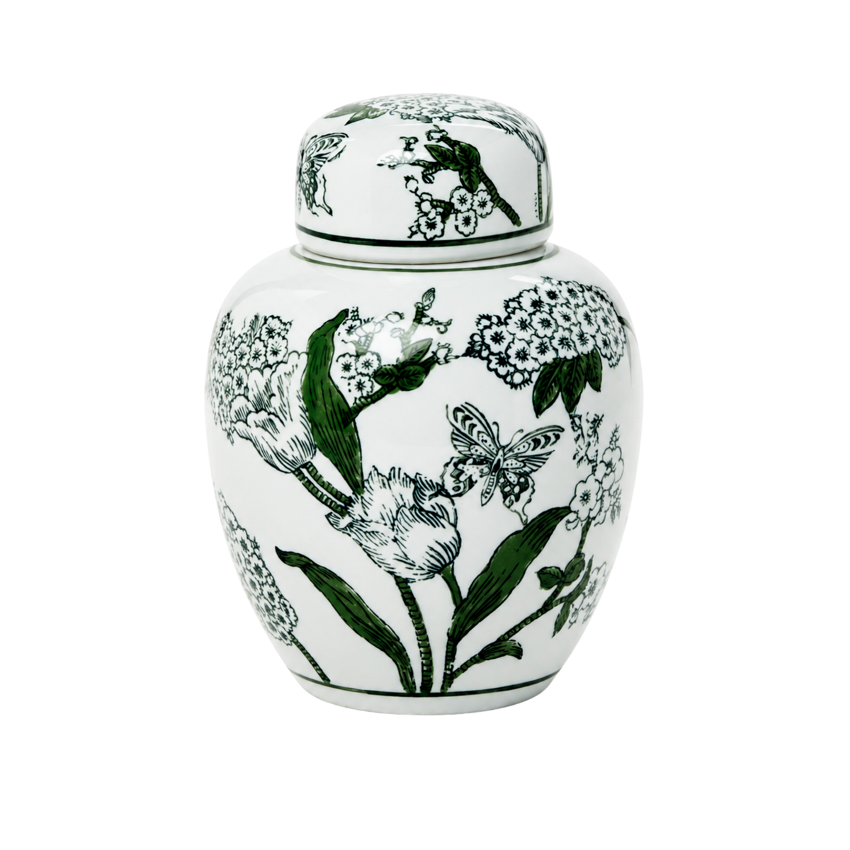 7 1/2 Primrose/Lotus Green White Chinoiserie Ginger Jar