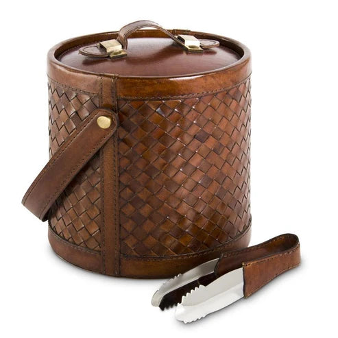 9 Inch Brown Leather Basket Weave Ice Bucket w/Tongs