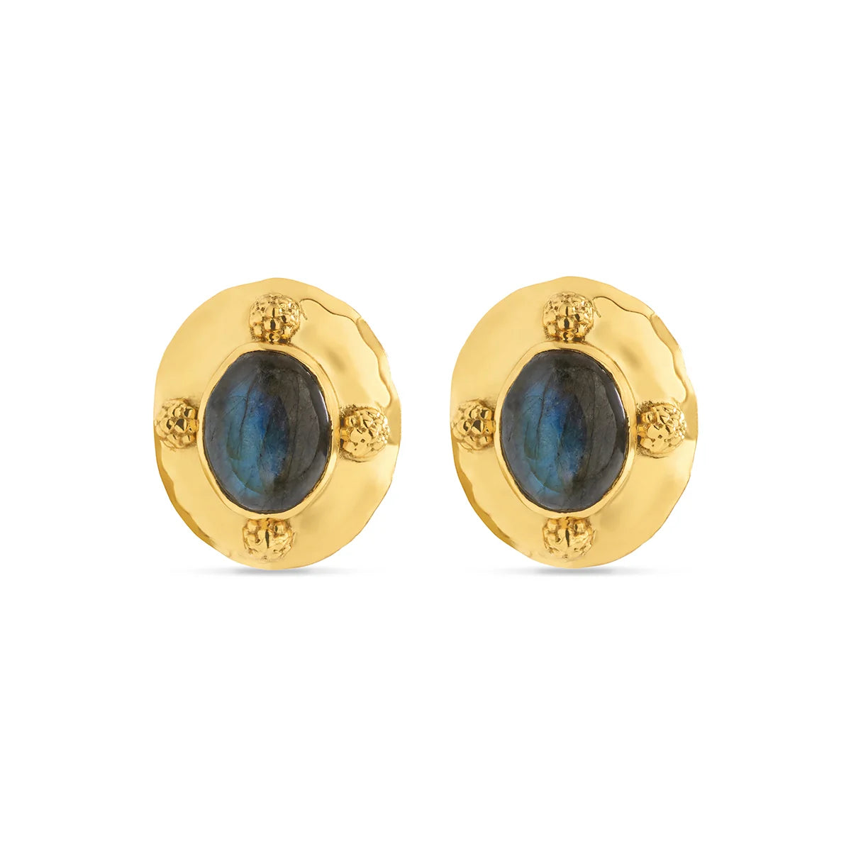 Cleo Oval Earrings Hammered Gold Blue Lab