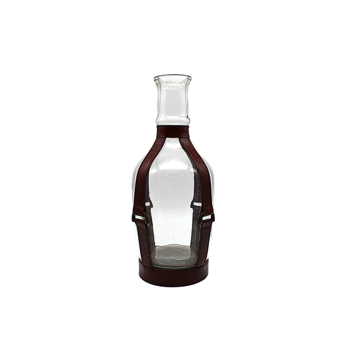 Glass Decanter w/Leather Strap and Metal Buckle Accent Small